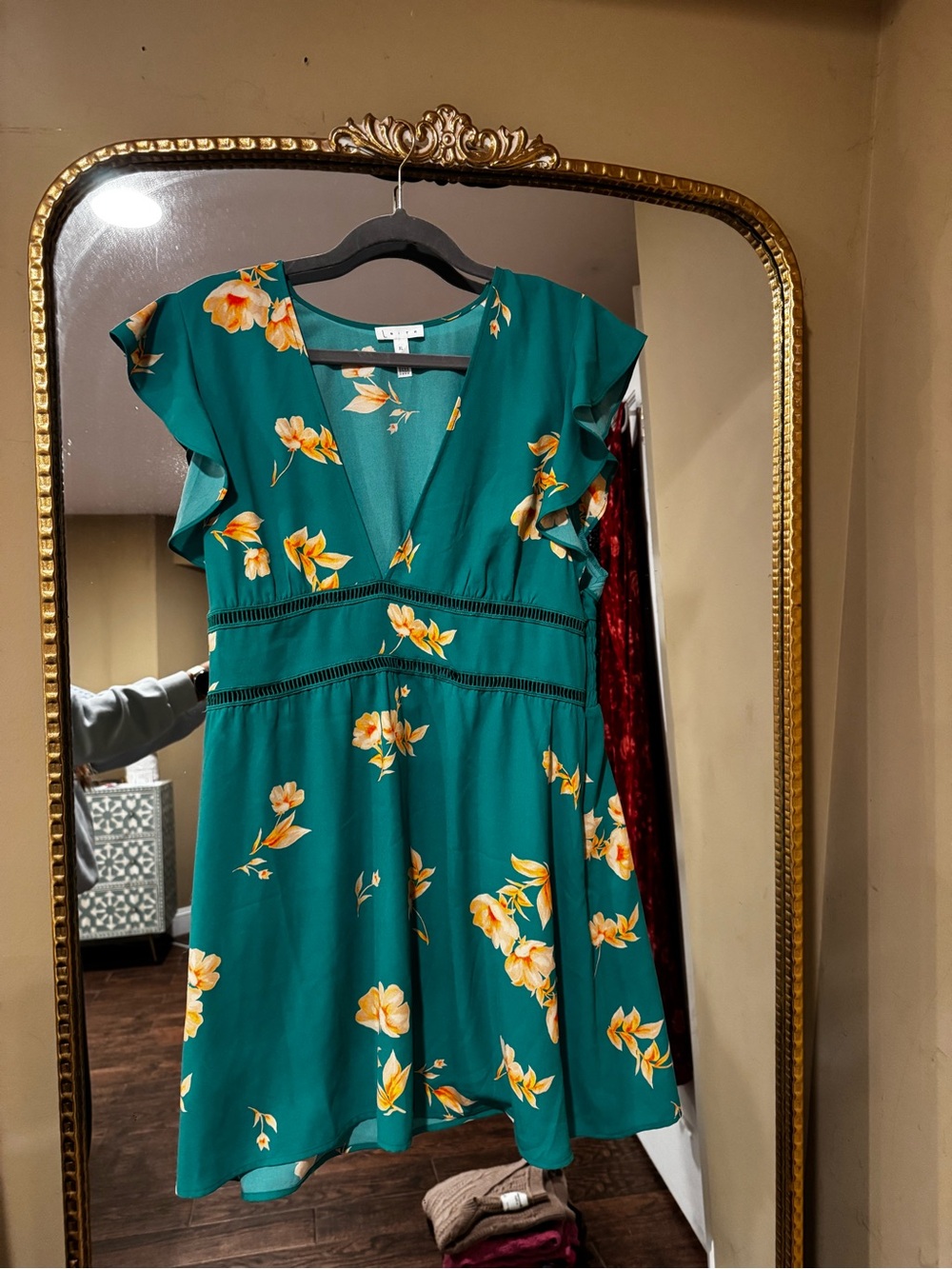Leith Teal Mini Dress with Yellow Floral Print